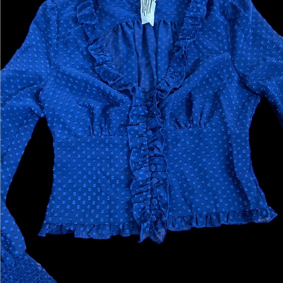 Free People royal blue Swiss dot chiffon ruffle balloon sleeve blouse S NWOT - Picture 3 of 4